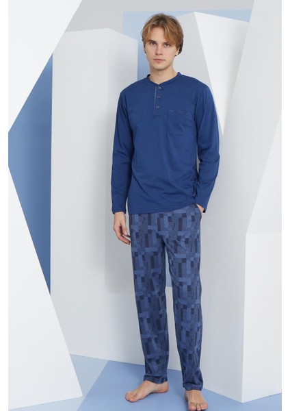 Erkek Uzun Kol Midi Yaka Indigo Pijama Takımı C9T2N5O6