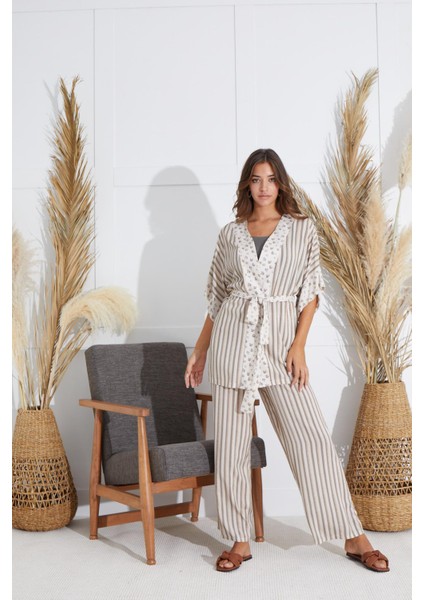 Kadın Croplu 3 Lü Bej Pijama Takım C8T2N551 indirimleri