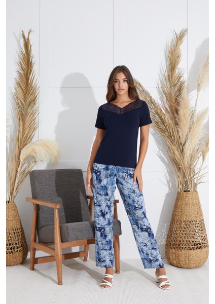 Kadın Dantelli Kısa Kol Lacivert Pijama Takım C1T5N551