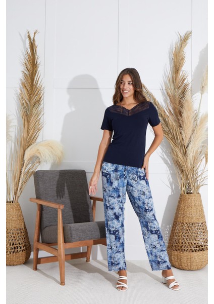 Kadın Dantelli Kısa Kol Lacivert Pijama Takım C1T5N551