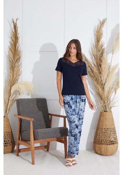 Kadın Dantelli Kısa Kol Lacivert Pijama Takım C1T5N551