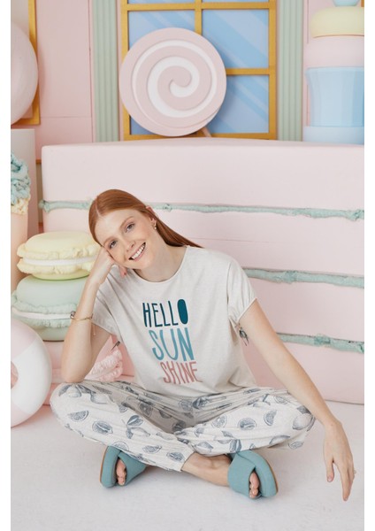 Kadın Kısa Kol Bej Melanj Pijama Takım C0T7N651