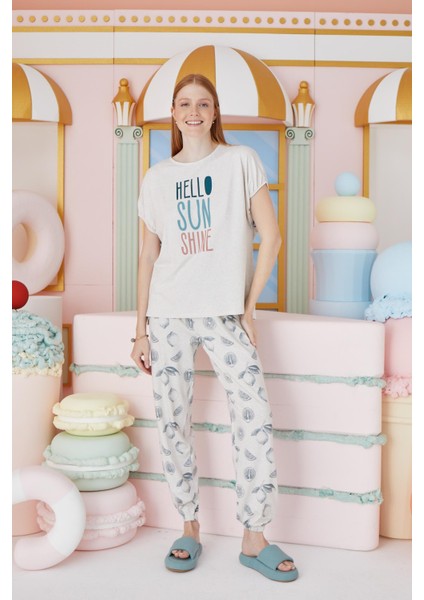 Kadın Kısa Kol Bej Melanj Pijama Takım C0T7N651 fiyatları