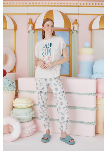 Kadın Kısa Kol Bej Melanj Pijama Takım C0T7N651 modelleri