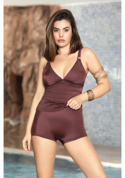 Kadın Bordo Metal Detaylı Ayarlanabilir Göğüs Askılı Şortlu Tankini HZL24S-AR1802