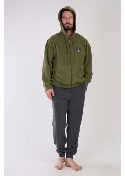 Erkek Uzun Kol Polar Fermuarlı Haki Pijama Takım C3T0N4O159