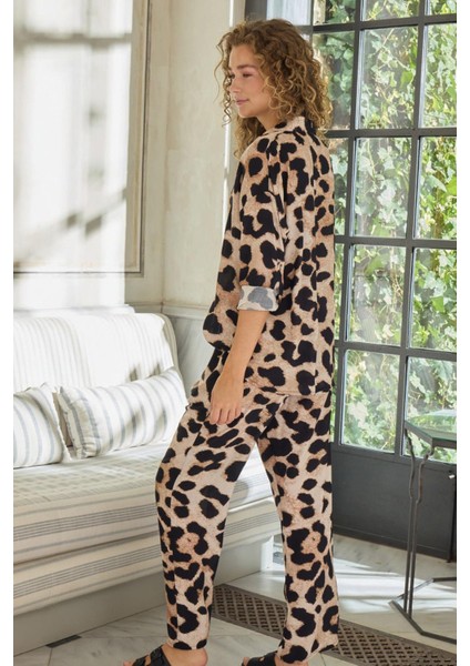 Kadın Uzun Kol Önden Düğmeli Leopar Pijama Takım C7T0N112 modelleri