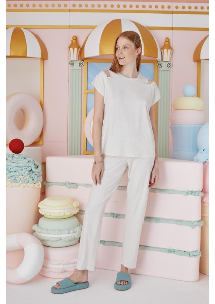 Kadın Kısa Kol Bej Melanj Pijama Takım C1T7N651