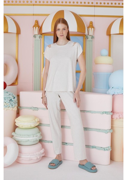 Kadın Kısa Kol Bej Melanj Pijama Takım C1T7N651 fiyatları