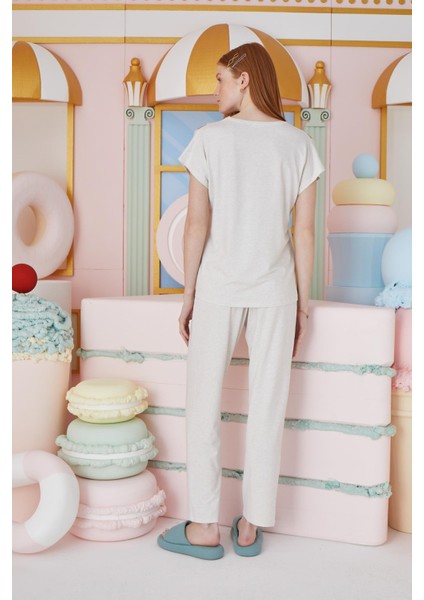 Kadın Kısa Kol Bej Melanj Pijama Takım C1T7N651 modelleri