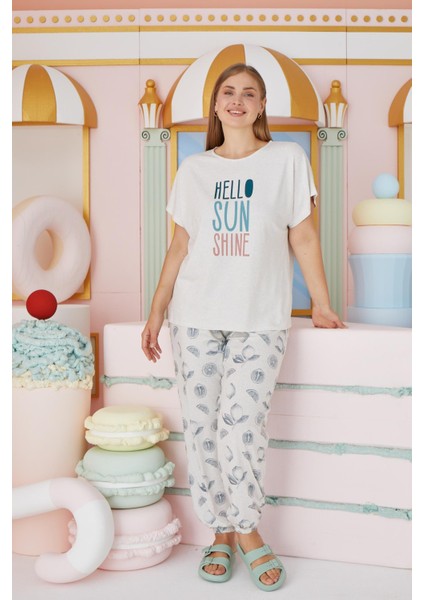 Kadın Büyük Beden Kısa Kol Bej Melanj Pijama Takım C4T7N651