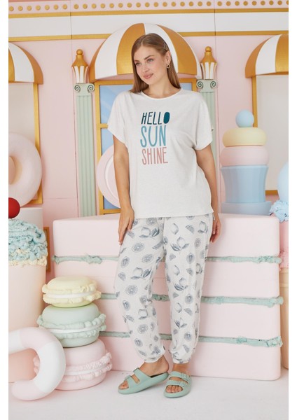 Kadın Büyük Beden Kısa Kol Bej Melanj Pijama Takım C4T7N651 fiyatları
