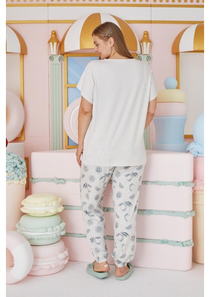 Kadın Büyük Beden Kısa Kol Bej Melanj Pijama Takım C4T7N651 modelleri