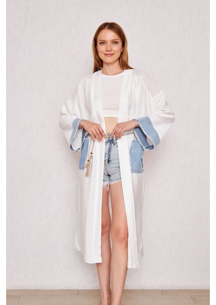 Kimono Elbise Kot Garnili Detay Uzun Cepli Kuşaklı Keten Kadın Twılls