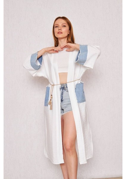 Kimono Elbise Kot Garnili Detay Uzun Cepli Kuşaklı Keten Kadın Twılls fırsatları