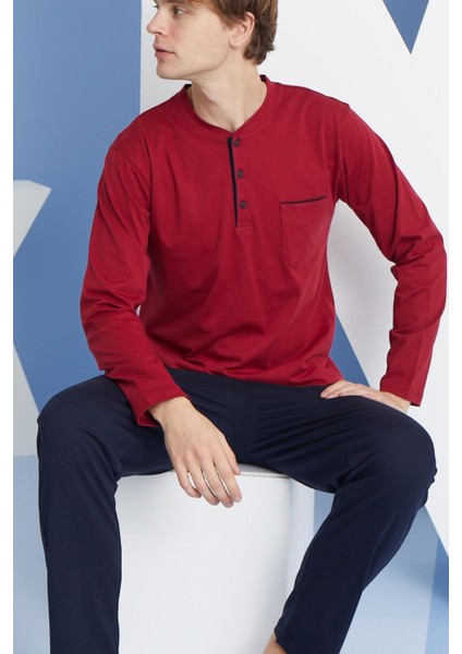 Erkek Uzun Kol Midi Yaka Bordo Pijama Takımı C9T2N5O0