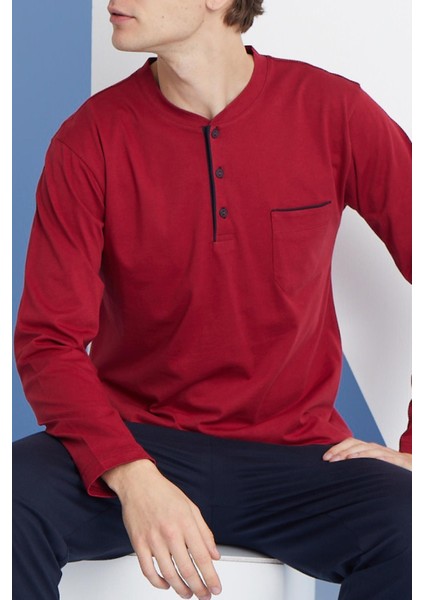 Erkek Uzun Kol Midi Yaka Bordo Pijama Takımı C9T2N5O0
