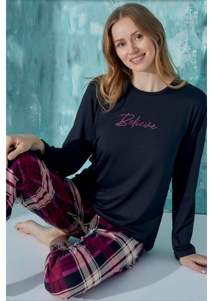 Kadın Uzun Kol Siyah Pijama Takımı C5T0N9O02-12