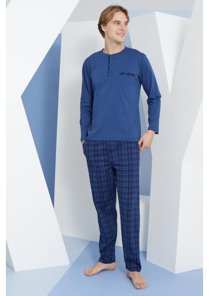 Erkek Uzun Kol Midi Yaka Indigo Pijama Takımı C9T2N2O3