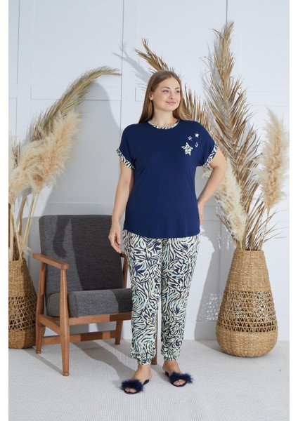 Kadın Büyük Beden Kısa Kol Lacivert Pijama Takım C3T4N851 modelleri