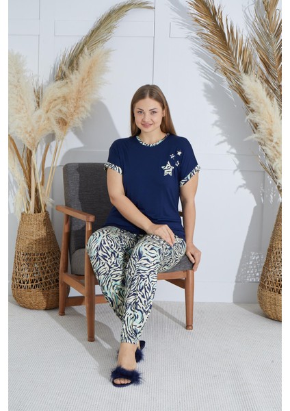 Kadın Büyük Beden Kısa Kol Lacivert Pijama Takım C3T4N851 indirimleri