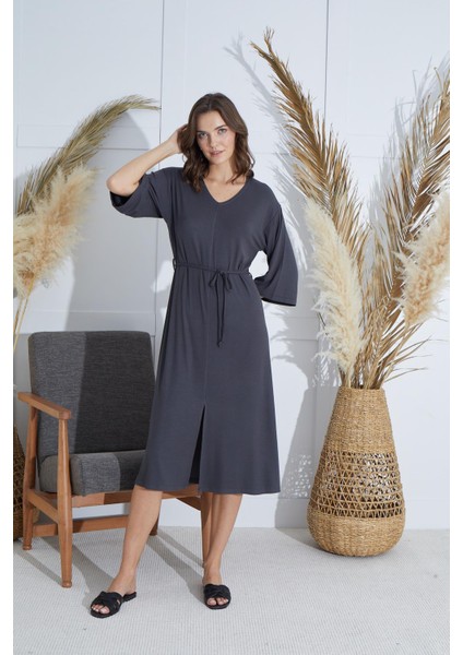 Kadın Kapri Kol V Yaka Yırtmaçlı Antrasit Elbise C6T0N951