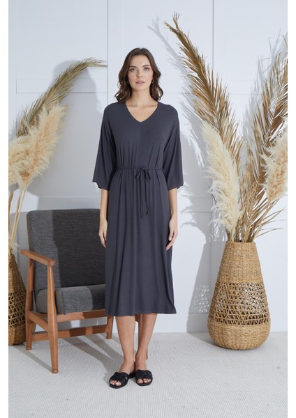 Kadın Kapri Kol V Yaka Yırtmaçlı Antrasit Elbise C6T0N951 fiyatları