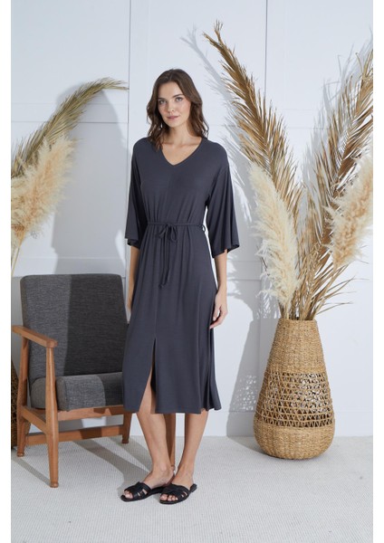 Kadın Kapri Kol V Yaka Yırtmaçlı Antrasit Elbise C6T0N951 modelleri