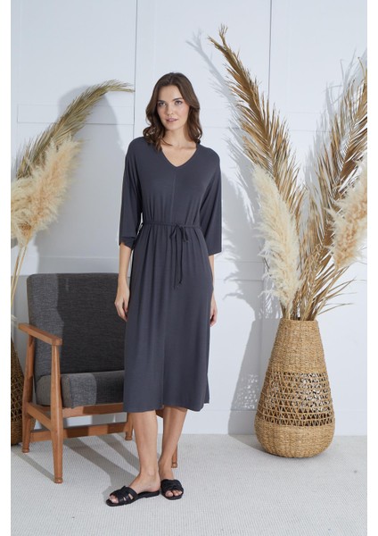 Kadın Kapri Kol V Yaka Yırtmaçlı Antrasit Elbise C6T0N951 fırsatları