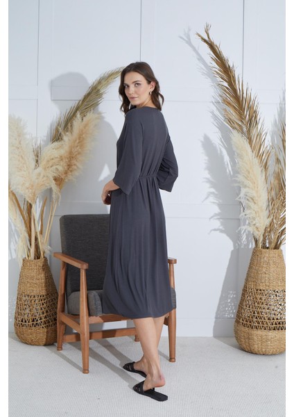 Kadın Kapri Kol V Yaka Yırtmaçlı Antrasit Elbise C6T0N951 indirimleri