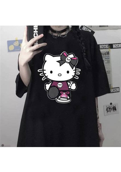 Anime Gothic Hello Kitty Siyah (Unisex) T-Shirt