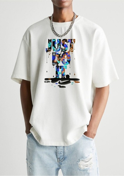 Beyaz Just Do It Baskılı Oversize Unisex T-Shirt