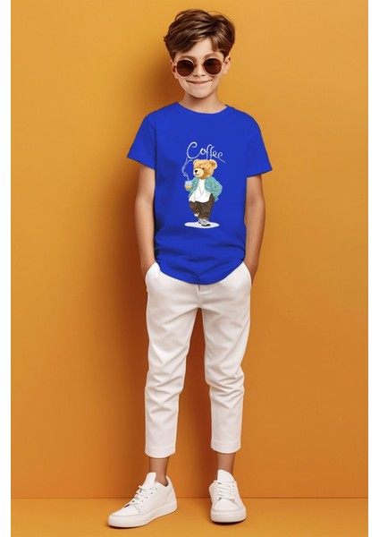 Coffee Yazılı Kahve Içen Ayıcık Baskılı Erkek Çocuk T-Shirt