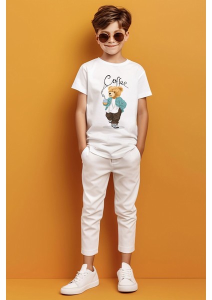 Coffee Yazılı Kahve Içen Ayıcık Baskılı Erkek Çocuk T-Shirt