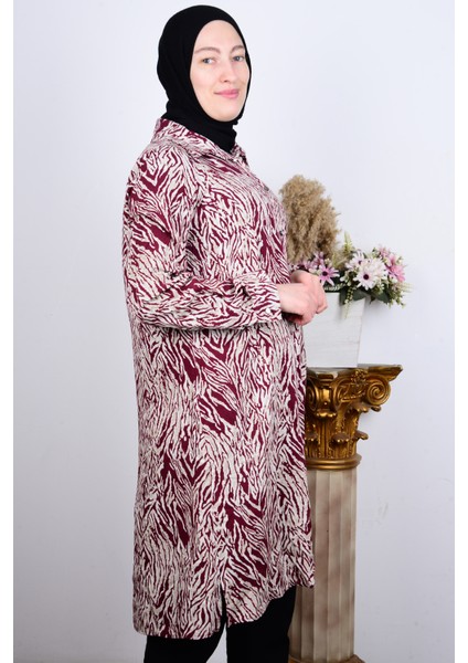 8929-3 Vişne Kadın Rahat Kesim Büyük Beden Düğmeli Karşık Desenli Tunik fiyatları