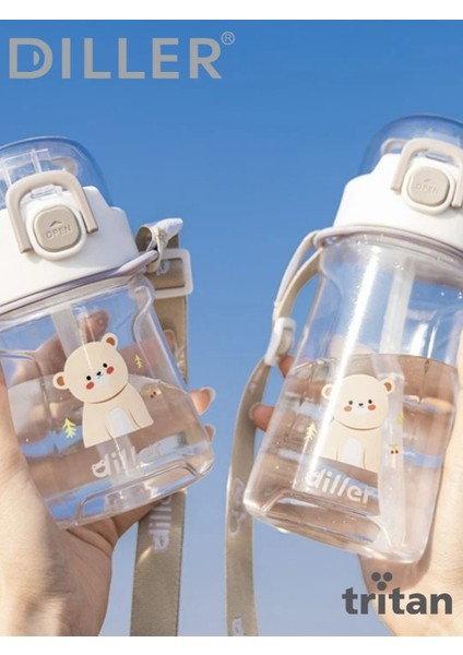 Dıller - Tritan Silikon Pipetli - Karikatürlü Matara - 400 ml
