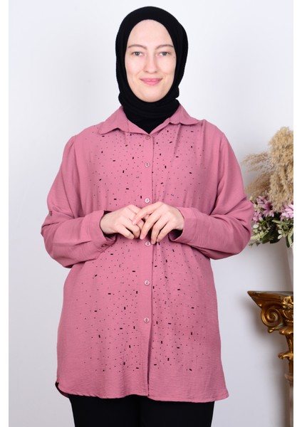 8707 Pembe Kadın Rahat Kesim Taşlı Önü Düğmeli Kolları Katlamalı Gömlek