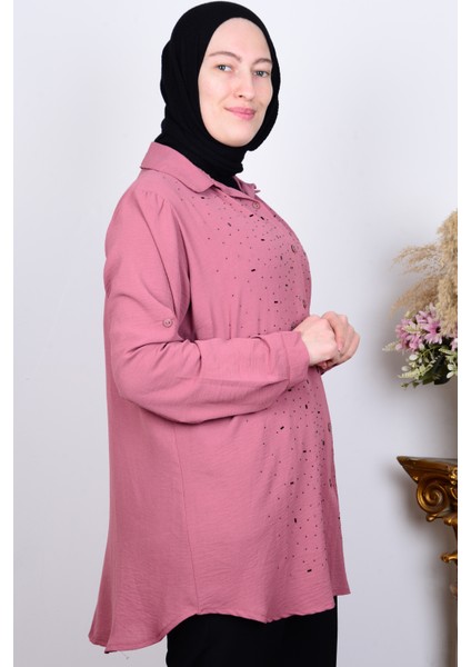 8707 Pembe Kadın Rahat Kesim Taşlı Önü Düğmeli Kolları Katlamalı Gömlek fiyatları