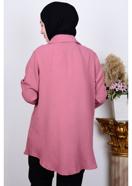 8707 Pembe Kadın Rahat Kesim Taşlı Önü Düğmeli Kolları Katlamalı Gömlek modelleri