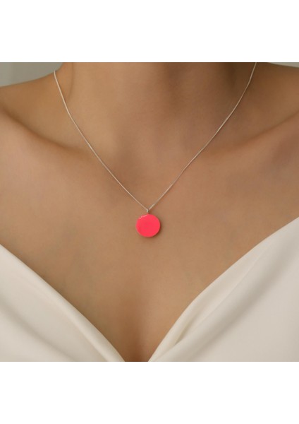 925 Ayar Gümüş Pembe Mineli Yuvarlak Model Kolye