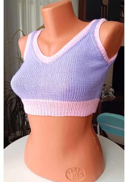 Pembe Lila Özel Tasarım Crop Süveter El Örgüsü