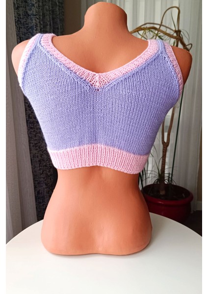 Pembe Lila Özel Tasarım Crop Süveter El Örgüsü