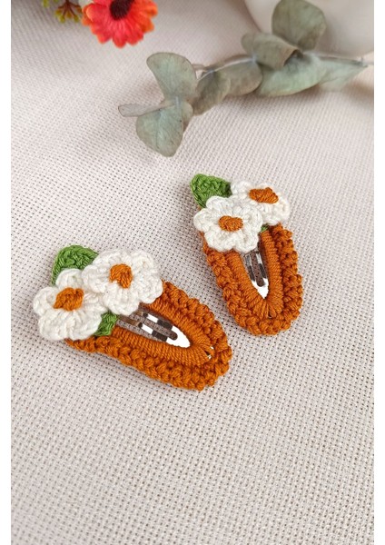 Çiçek Desenli El Örgüsü Kız Çocuk Bebek Saç Tokası Çıtçıtlı Beyaz Kahverengi