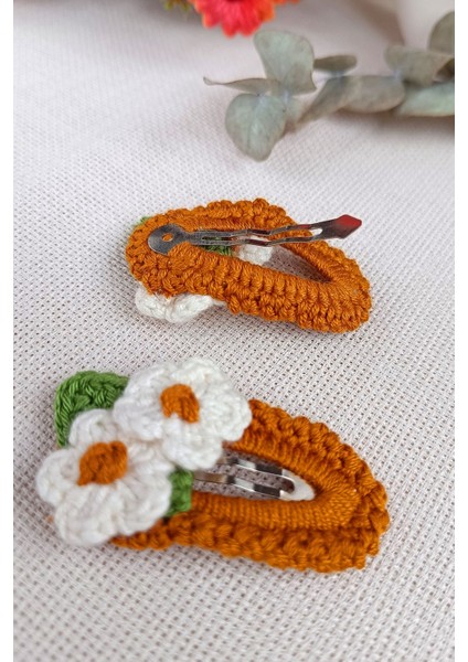 Çiçek Desenli El Örgüsü Kız Çocuk Bebek Saç Tokası Çıtçıtlı Beyaz Kahverengi modelleri