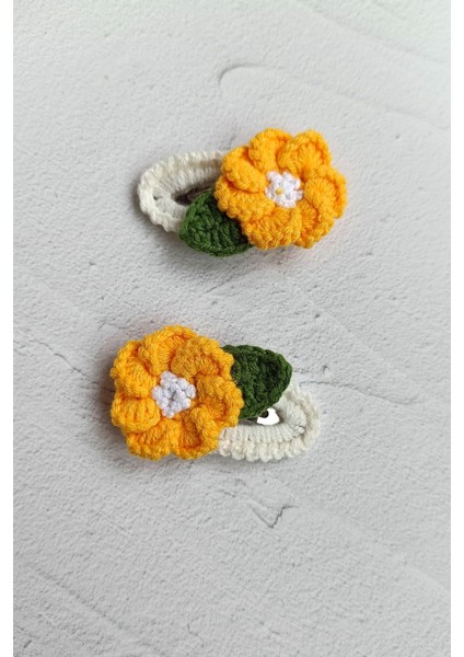 Yapraklı Çiçek Desenli Sarı Renk Çıtçıtlı Saç Toka 2 Li Set Bebek ve Kız Çocuk
