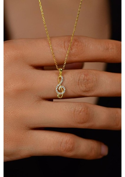 Zirkon Taşlı Gold Sol Anahtarı Minimal Gümüş Kolye