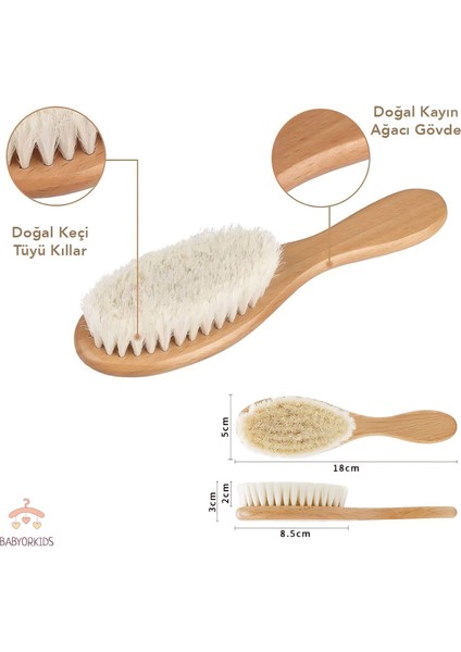 Isme Özel Doğal Keçi Kılı Bebek Saç Fırçası Doğal Ahşap Tarak ve Çantası 3’lü Set