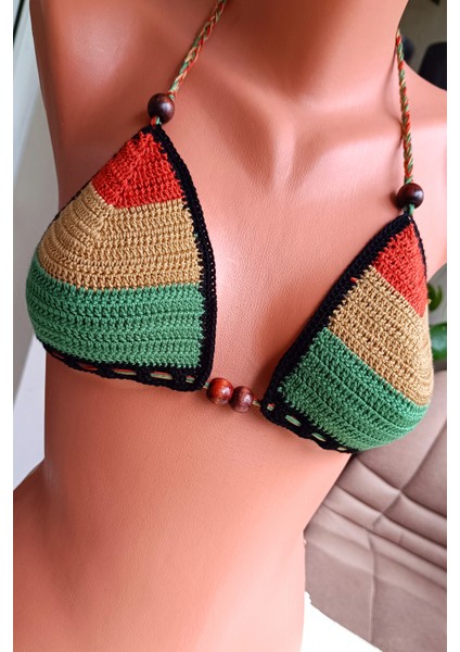 D&D Concept Örgü Bikini Üstü - El Örgüsü Crop Top Karışık Renkli Üçgen Boncuk Detaylı 36 S Beden