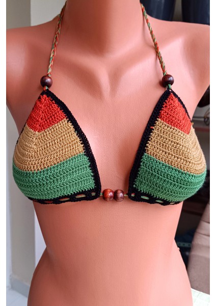 D&D Concept Örgü Bikini Üstü - El Örgüsü Crop Top Karışık Renkli Üçgen Boncuk Detaylı 36 S Beden