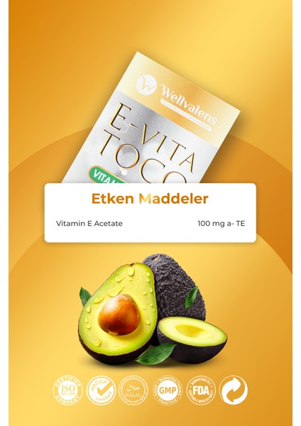 E-Vita Toco E Vitamini 100mg - 30 Kapsül, Antioksidan Desteği ve Cilt Bakımı